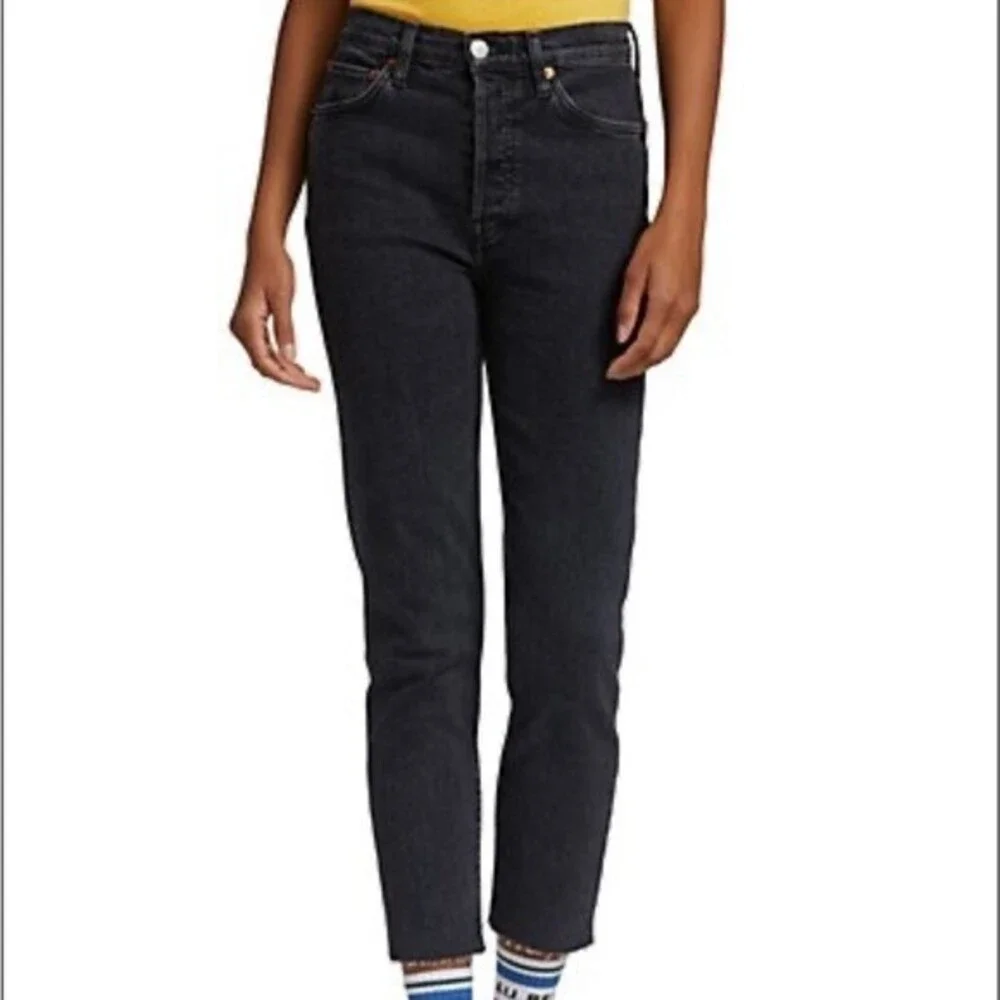 RE/DONE 90’s Ultra High Rise Ankle Crop Raw Hem Jeans in Stoned Noir Size 25 NWT - Picture 2 of 11